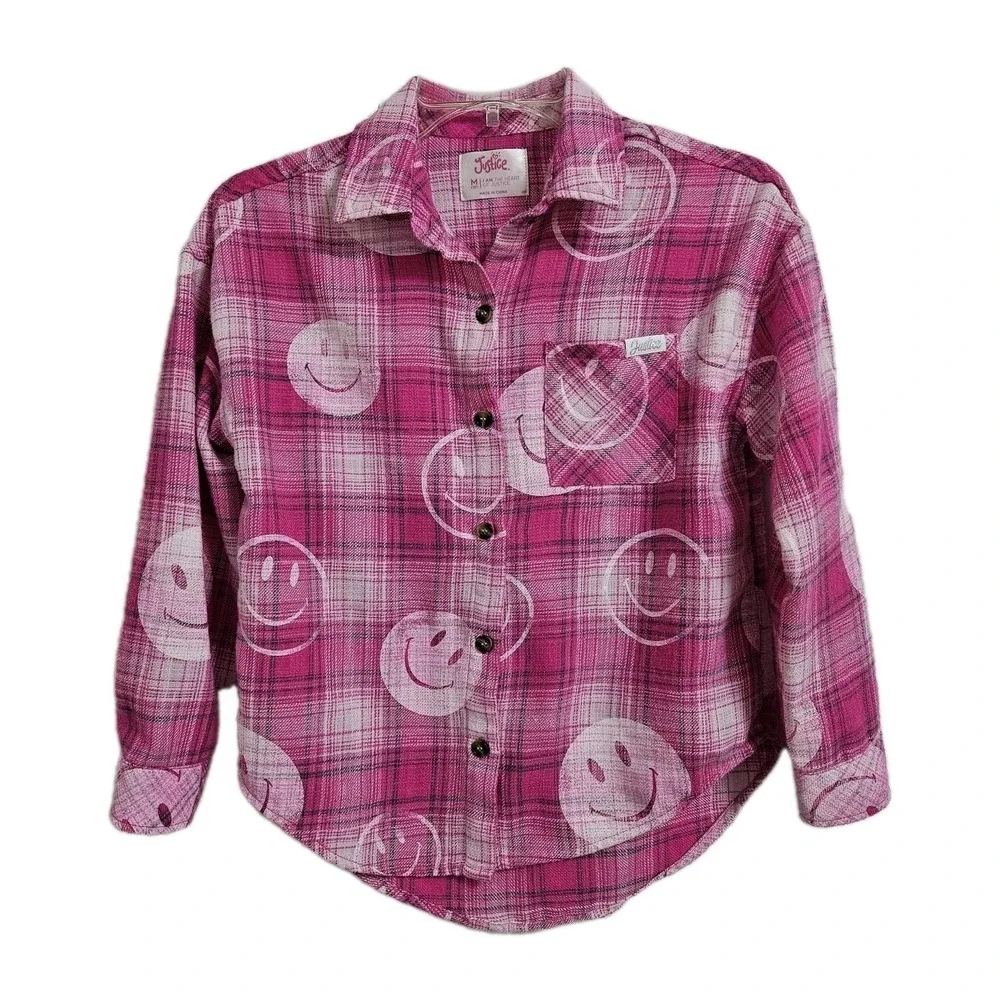 Y2K Justice Flannel Shirt Girls Size 10 Pink Plaid Smiley Face Button Down Retro
